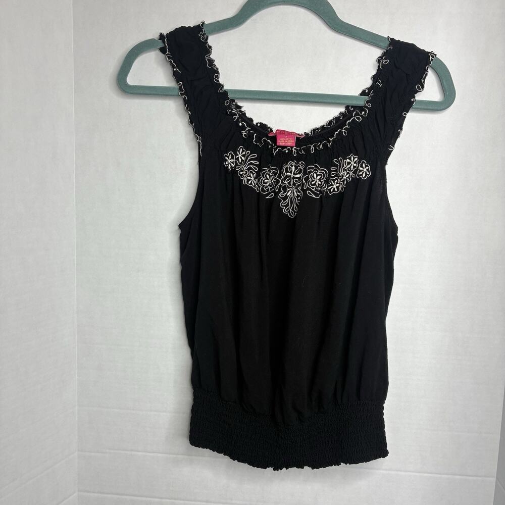 Sunny Leigh Women's Black Boho Smocked Embroidered Tank Top Medium